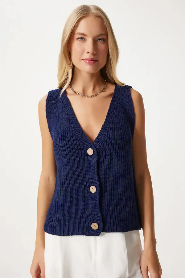Women's Navy V-Neck Knit Vest YY00221 - 3