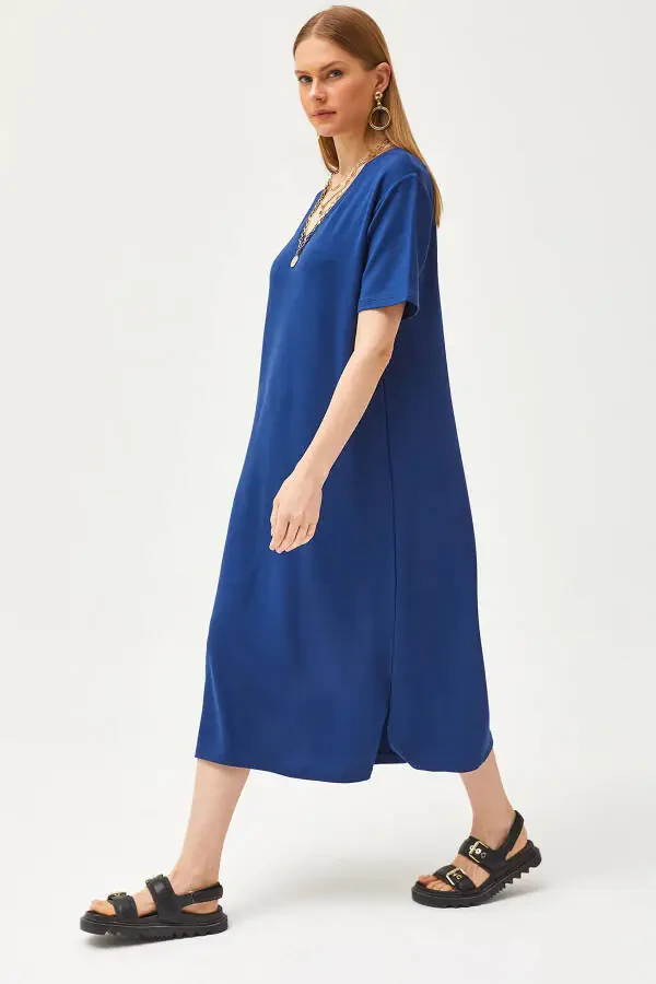 Women's Navy V-Neck Side Slit Soft Fabric Dress ELB-19002063 - 1