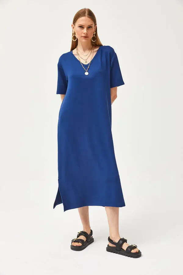 Women's Navy V-Neck Side Slit Soft Fabric Dress ELB-19002063 - 2