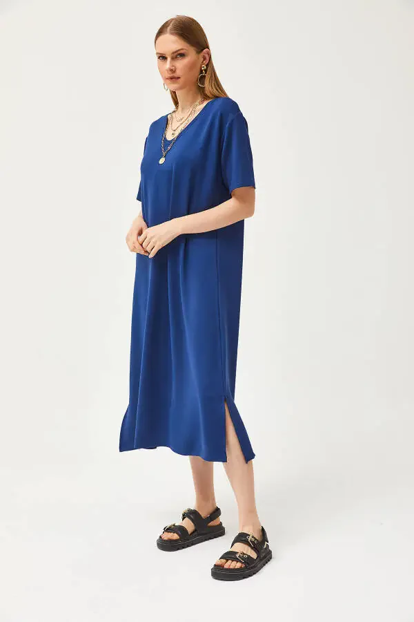 Women's Navy V-Neck Side Slit Soft Fabric Dress ELB-19002063 - 3
