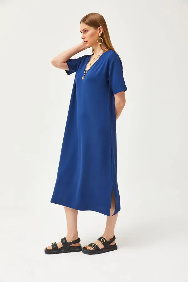 Women's Navy V-Neck Side Slit Soft Fabric Dress ELB-19002063 - 4