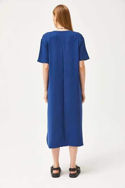 Women's Navy V-Neck Side Slit Soft Fabric Dress ELB-19002063 - 6