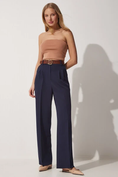 Women's Navy Wide Leg Masculine Woven Trousers HG00001 - HAPPINESS İSTANBUL