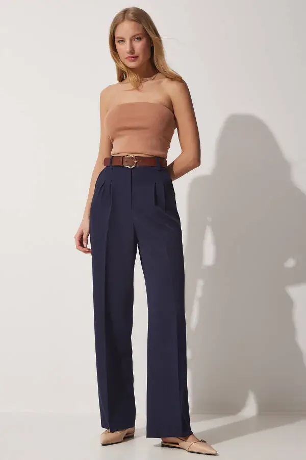 Women's Navy Wide Leg Masculine Woven Trousers HG00001 - 1