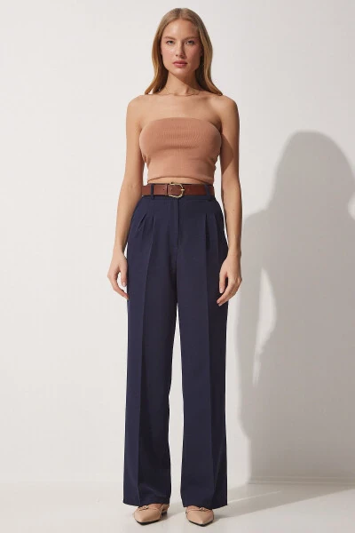 Women's Navy Wide Leg Masculine Woven Trousers HG00001 - HAPPINESS İSTANBUL (1)