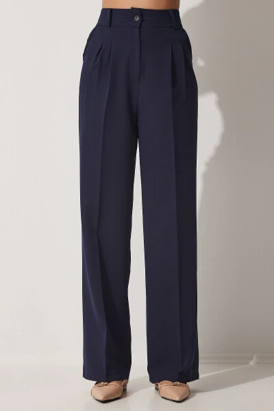 Women's Navy Wide Leg Masculine Woven Trousers HG00001 - 3
