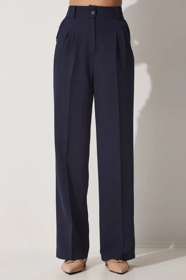 Women's Navy Wide Leg Masculine Woven Trousers HG00001 - 3