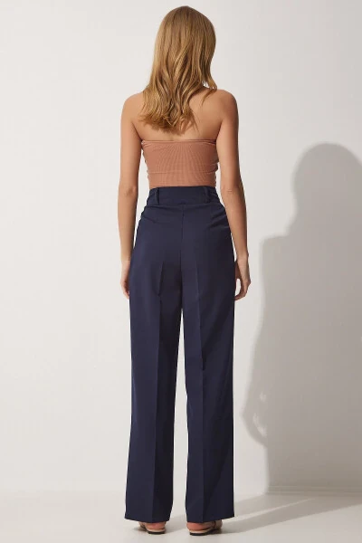Women's Navy Wide Leg Masculine Woven Trousers HG00001 - 4