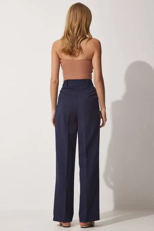 Women's Navy Wide Leg Masculine Woven Trousers HG00001 - 4