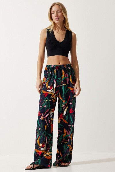 Women's Navy Yellow Patterned Flowy Viscose Palazzo Pants EN00606 - HAPPINESS İSTANBUL