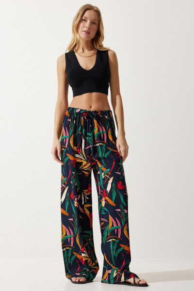 Women's Navy Yellow Patterned Flowy Viscose Palazzo Pants EN00606 - HAPPINESS İSTANBUL (1)