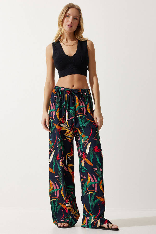 Women's Navy Yellow Patterned Flowy Viscose Palazzo Pants EN00606 - 8