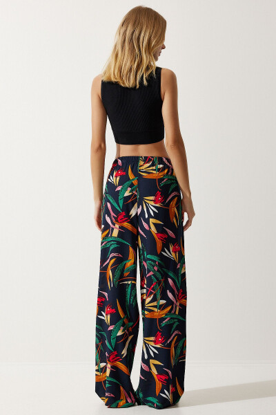Women's Navy Yellow Patterned Flowy Viscose Palazzo Pants EN00606 - 12
