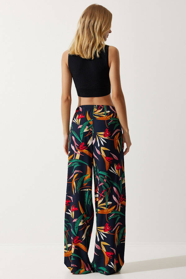 Women's Navy Yellow Patterned Flowy Viscose Palazzo Pants EN00606 - 12