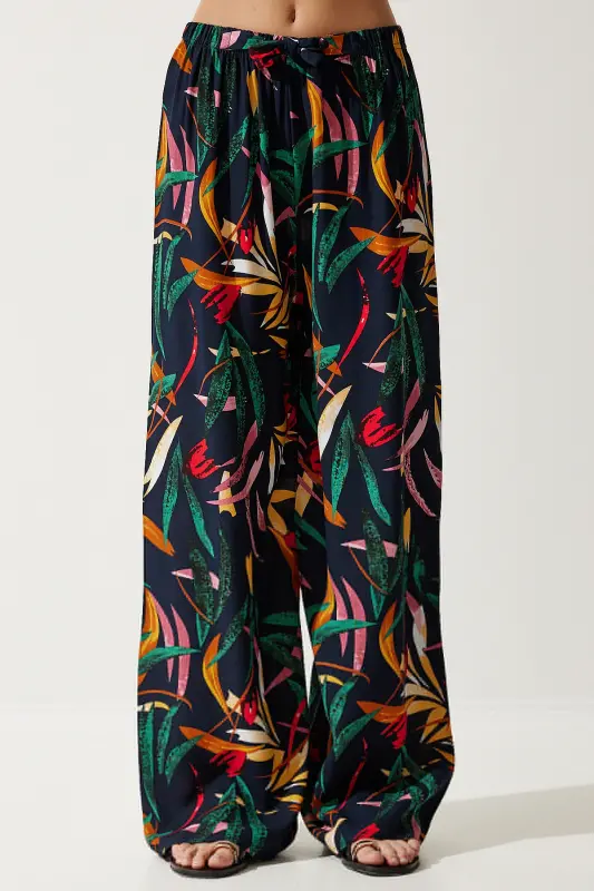Women's Navy Yellow Patterned Flowy Viscose Palazzo Pants EN00606 - HAPPINESS İSTANBUL