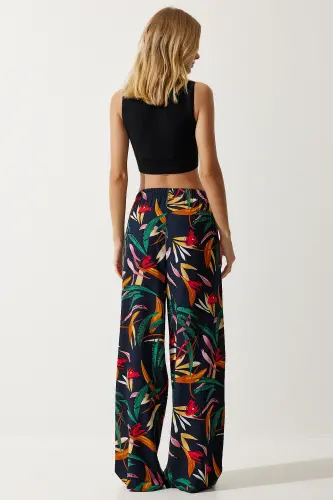 Women's Navy Yellow Patterned Flowy Viscose Palazzo Pants EN00606 - 3