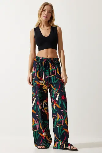 Women's Navy Yellow Patterned Flowy Viscose Palazzo Pants EN00606 - 5