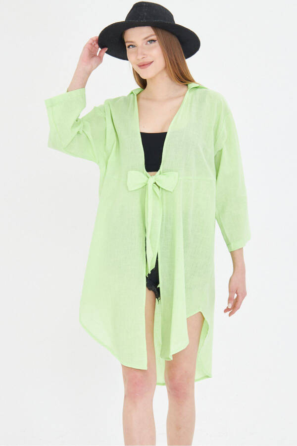 Women's Neon Green Front Tie-Dye Thin Linen Fabric - 2