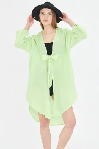 Women's Neon Green Front Tie-Dye Thin Linen Fabric - 2