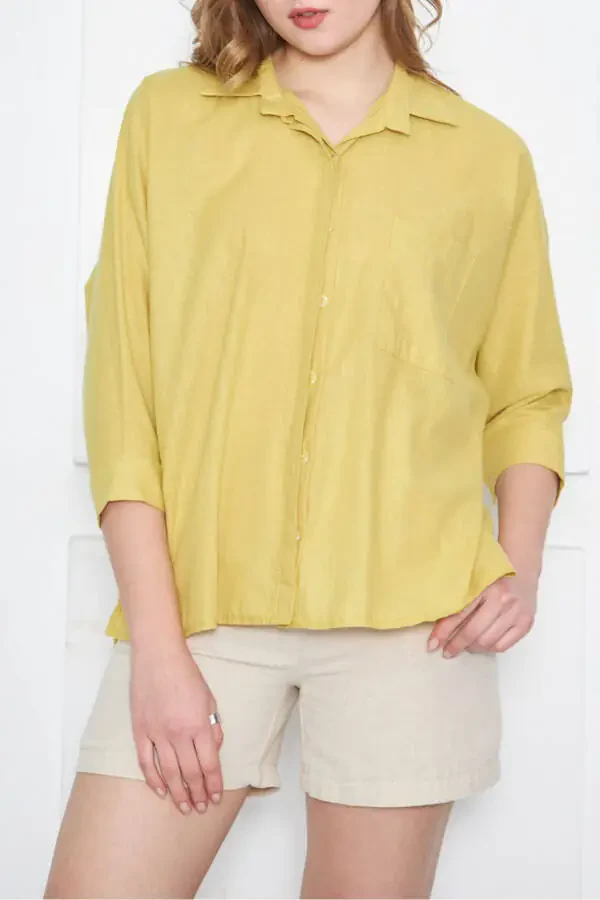 Women's Neon Green Pocket Loose Linen Shirt ARM-21Y001035 - 1