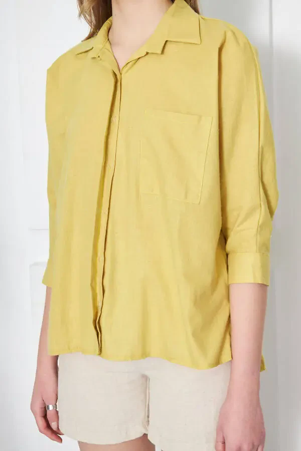 Women's Neon Green Pocket Loose Linen Shirt ARM-21Y001035 - 3