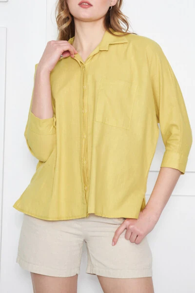 Women's Neon Green Pocket Loose Linen Shirt ARM-21Y001035 - 6