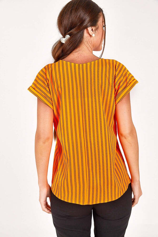 Women's Neon Orange V-Neck Short Sleeve Blouse ARM-22Y001074 - 8