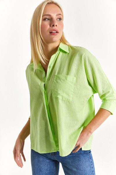 Women's Neon Yellow Pocket Loose Linen Shirt Arm-21y001035 - 1