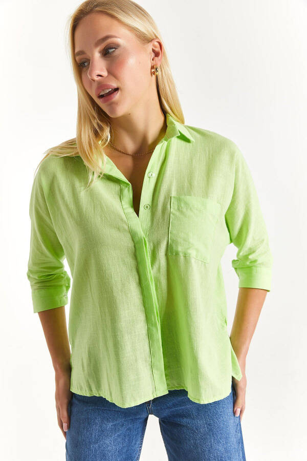 Women's Neon Yellow Pocket Loose Linen Shirt Arm-21y001035 - 3