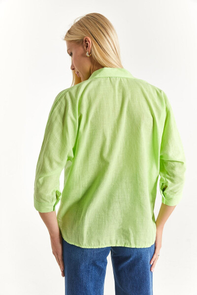 Women's Neon Yellow Pocket Loose Linen Shirt Arm-21y001035 - 4