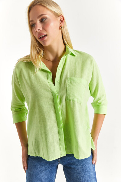 Women's Neon Yellow Pocket Loose Linen Shirt Arm-21y001035 - 7