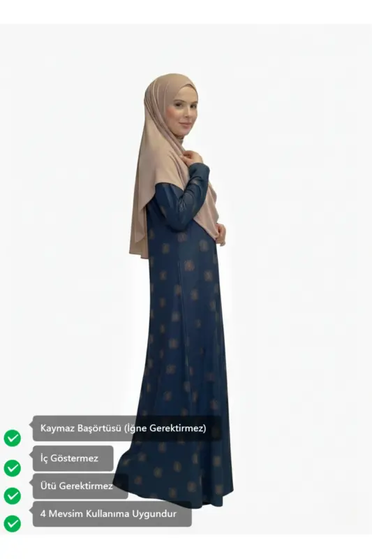 Women's New Patterned Practical One-Piece Non-Slip Headscarved Easy-to-Wear Prayer Dress -With Bag_2312 - 00567 Navy Blue Beige - 2