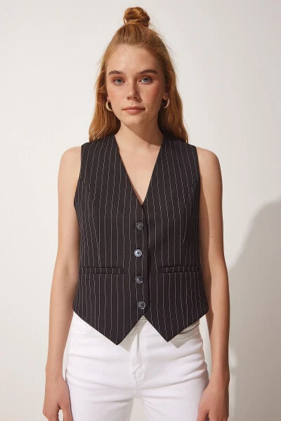 Women's new style black striped woven cropped vest - HAPPINESS İSTANBUL (1)