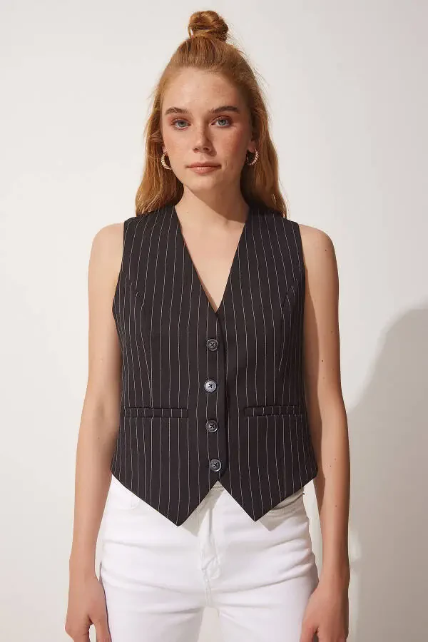 Women's new style black striped woven cropped vest - 2