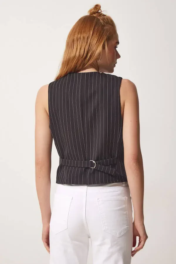 Women's new style black striped woven cropped vest - 3