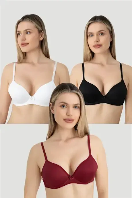 Women's Non-Padded Underwire 3 Bra Set Burgundy White Black - 1