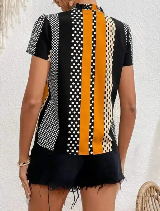 Women's Notch and Ruched Neck, Patterned Micro Fabric Blouse - 3