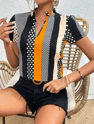 Women's Notch and Ruched Neck, Patterned Micro Fabric Blouse - 4