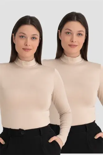 Women's Nude Turtleneck Long Sleeve Bodysuit 2-Pack - 1