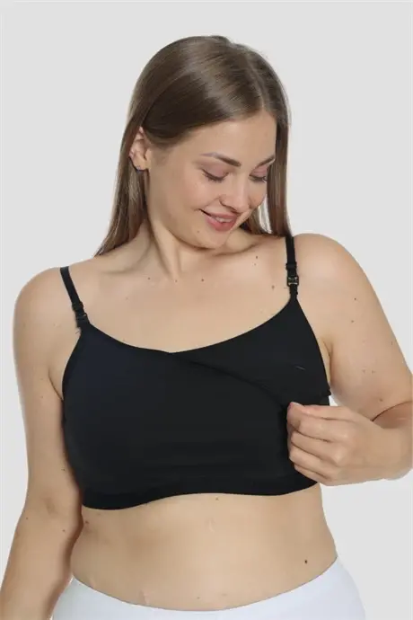 Women's Nursing Half Tank Bralette with Spaghetti Straps in Black Lycra - 1