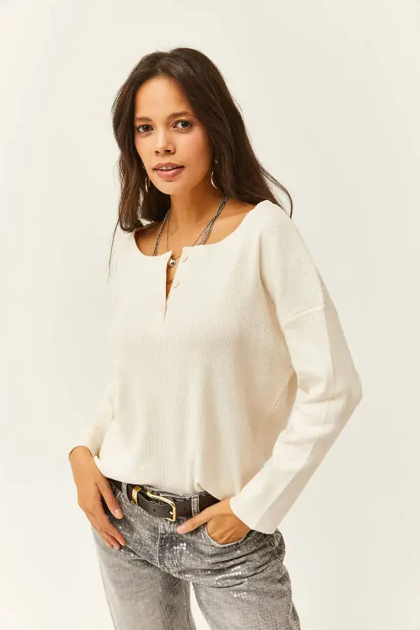 Women's Oatmeal Button-Down Thistle Relaxed Sweater KZK-19000721 - 5