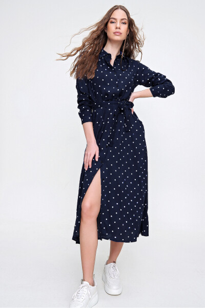 Women's Ocean Blue Polka Dot Woven Viscose Shirt Dress ALC-X6247 - 1