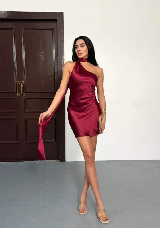 Women's Off Shoulder and Backless Satin Fabric Mini Dress - BÜYÜKBEDENIZ