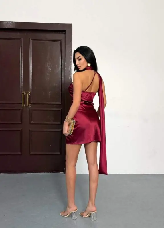 Women's Off Shoulder and Backless Satin Fabric Mini Dress - 2