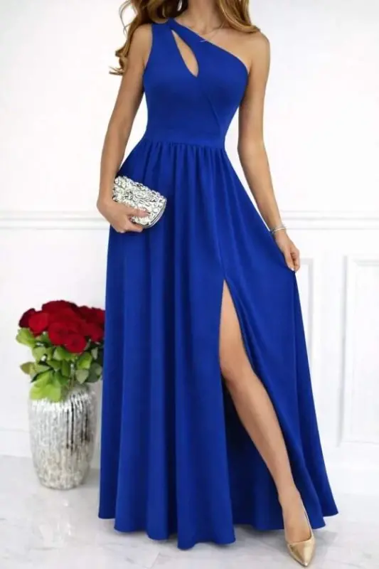 Women's Off-Shoulder Asymmetric Neckline Slit Detail Maxi Length Shimmer Crepe Dress - BÜYÜKBEDENIZ