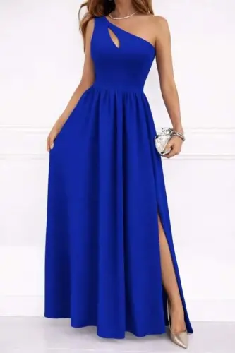 Women's Off-Shoulder Asymmetric Neckline Slit Detail Maxi Length Shimmer Crepe Dress - BÜYÜKBEDENIZ (1)