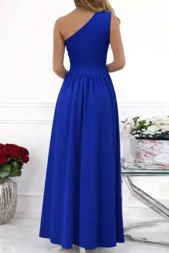 Women's Off-Shoulder Asymmetric Neckline Slit Detail Maxi Length Shimmer Crepe Dress - 3