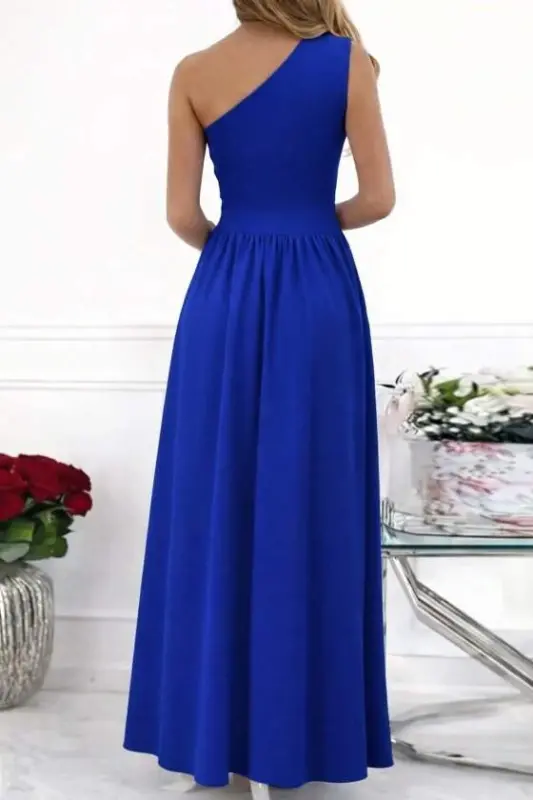 Women's Off-Shoulder Asymmetric Neckline Slit Detail Maxi Length Shimmer Crepe Dress - 3