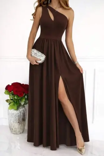 Women's Off-Shoulder Asymmetric Neckline Slit Maxi Shimmer Crepe Dress - 1