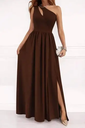 Women's Off-Shoulder Asymmetric Neckline Slit Maxi Shimmer Crepe Dress - BÜYÜKBEDENIZ (1)